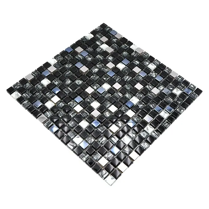Mosaikfliese Quadrat Crystal Mix XCM M780 - 30 x 30 cm, Schwarz, Glänzend - Quadratische Mosaikfliese mit schwarzer, weißer und silberner Optik. Für elegante und moderne Wand- und Bodenverkleidungen.