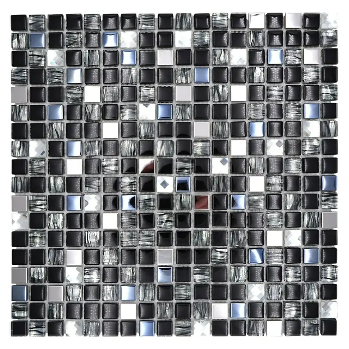 Mosaikfliese Quadrat Crystal Mix XCM M780 - 30 x 30 cm, Schwarz, Glänzend - Quadratisches Mosaikfliesenmuster in Schwarz, Weiß und Silber mit glänzenden Akzenten für ein modernes, luxuriöses Design.