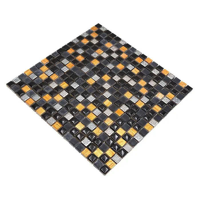Mosaikfliese XRS S3K - 30,5 x 30,5 cm, Schwarz, Glänzend - Quadratische Mosaikfliese mit einem Muster aus schwarzen, silbernen und orangefarbenen quadratischen Fliesen für Wand- oder Bodendekoration.