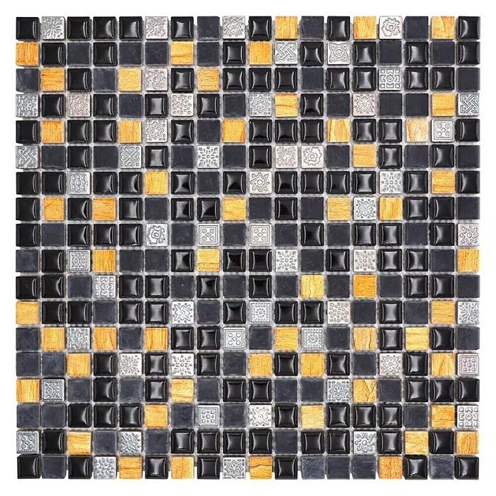 Mosaikfliese XRS S3K - 30,5 x 30,5 cm, Schwarz, Glänzend - Quadratisches Mosaikmuster mit schwarzen, goldenen und silbernen Fliesen für stilvolle Wand- und Bodendesigns.