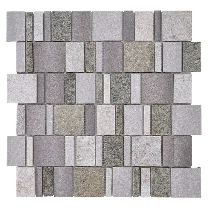 Mosaikfliese Mix XSA 515 - 29,6 x 29,8 cm, Silber, Matt - Graue Mosaikfliese mit quadratischem und rechteckigem Muster, ideal für moderne Innenräume.
