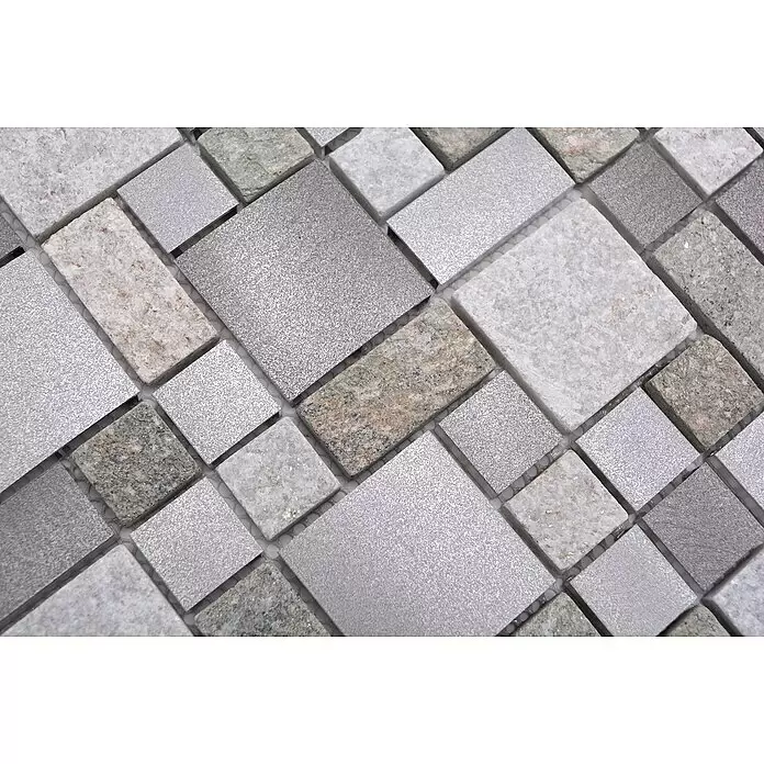Mosaikfliese Mix XSA 525 - 30 x 30 cm, Grau, Matt - Mosaikfliesen aus Naturstein und metallisch-grauem Material für Wand oder Boden.