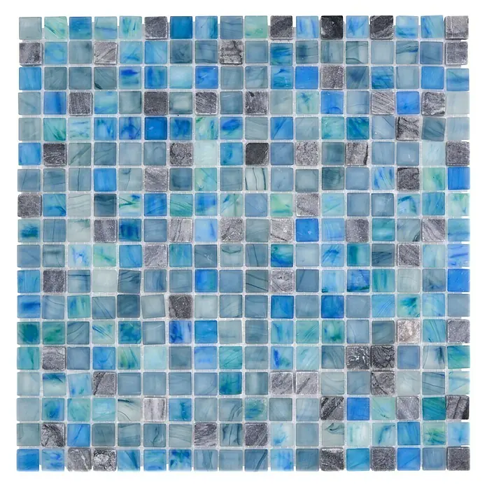 Mosaikfliese Quadrat Crystal Mix XCR 1501 - 29,5 x 29,5 cm, Grün/Blau, Glänzend - Quadratisches Mosaik aus blauem und grauem Glas für eine elegante Wand- oder Bodengestaltung. Ideal für Badezimmer und Küchen.