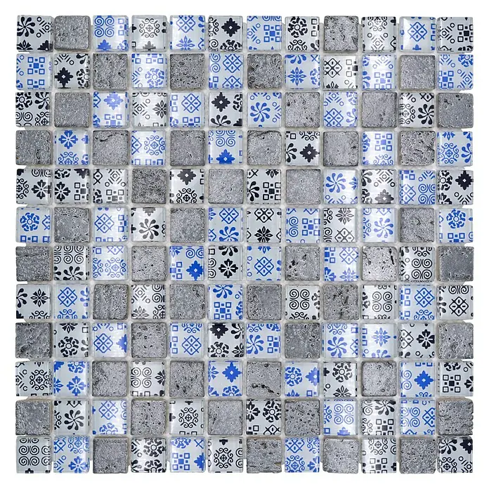 Mosaikfliese Quadrat Crystal Struktur XCM CB07 - 30 x 30 cm, Schwarz/Blau, Glänzend - Nahaufnahme eines Mosaiks mit blauen, grauen und weißen Mustern, ideal für dekorative Oberflächen in Innenräumen.