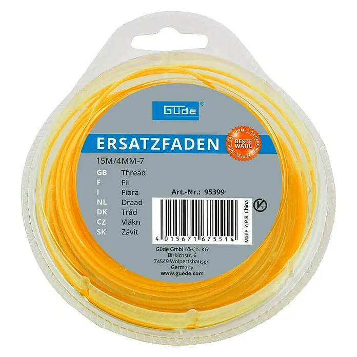 Güde Ersatzfaden - Passend für: Güde Benzin-Rasenmäher WM 561 TRI - Güde Ersatzfaden 15M/4MM-7: Gelber Trimmerfaden als Ersatzspule für Rasentrimmer, ideal für präzise Rasenkanten und Flächen.