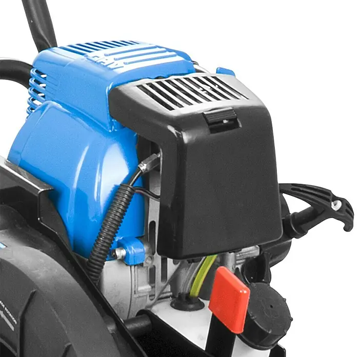 Güde Benzin-Rasenkantenschneider GRKS 1801 - 0,7 kW - Nahaufnahme eines blauen und schwarzen Motorgeräts mit einem markanten roten Knopf, der auf Funktionalität und Design Wert legt.