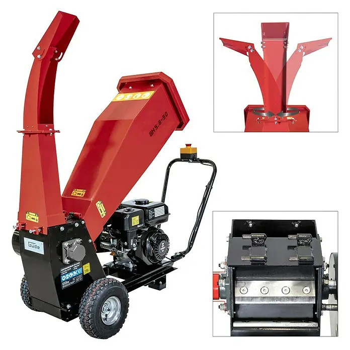 Güde Benzin-Häcksler GH 5.6-50 - Max. Aststärke: 5 cm, 4,1 kW, Hubraum: 212 cm³ - Abbildung des Güde GH 5.6-50 Benzin-Gartenhäckslers. Dieses Gerät ist ideal zum Zerkleinern von Gartenabfällen und Ästen bis zu 50 mm Durchmesser.