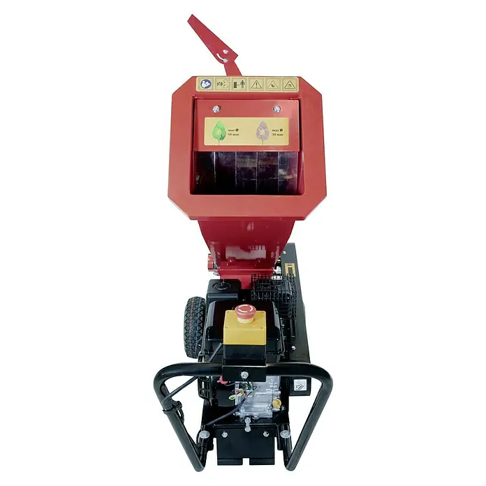 Güde Benzin-Häcksler GH 5.6-50 - Max. Aststärke: 5 cm, 4,1 kW, Hubraum: 212 cm³ - Abgebildet ist ein professioneller Holzhäcksler. Das Gerät ist rot und schwarz und verfügt über einen Einfülltrichter und einen Motor.