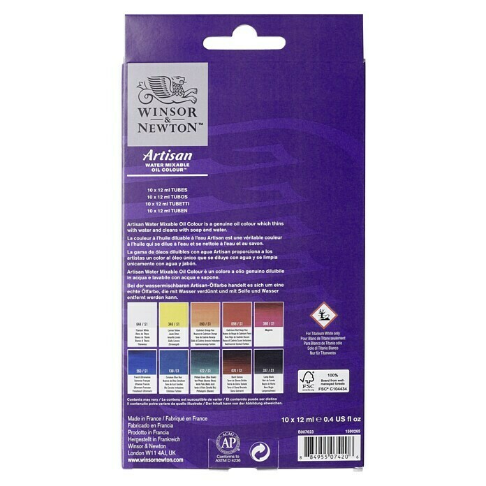 Winsor & Newton Artisan Ölfarben-Set10 Stk. x 12 ml, Tube Back View