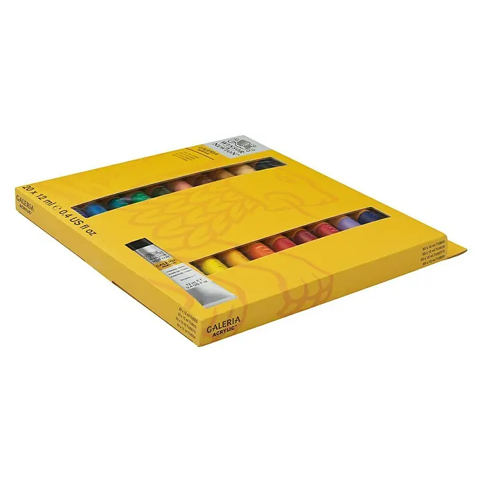 Winsor & Newton Galeria Acrylfarben-Set - 20 Stk. x 12 ml, Tube - Eine gelbe Box mit 20 Winsor & Newton Galeria Acrylfarben in Tuben, ideal für Künstler und Hobbybastler.