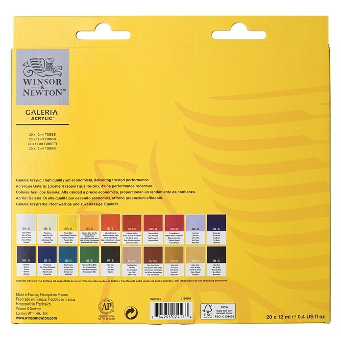 Winsor & Newton Galeria Acrylfarben-Set20 Stk. x 12 ml, Tube Back View