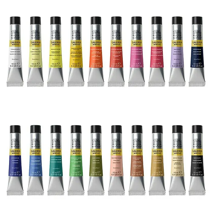Winsor & Newton Galeria Acrylfarben-Set - 20 Stk. x 12 ml, Tube - Eine Auswahl an Winsor & Newton Galeria Acrylic Farben in verschiedenen Farbtönen in 12ml Tuben, ideal für Künstler.