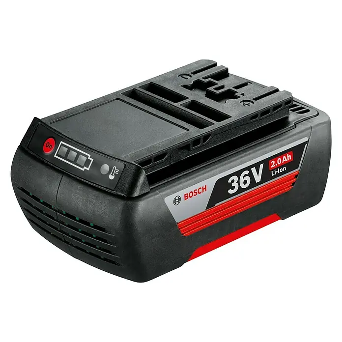Bosch Power for All 36V Akku - 36 V, 2 Ah, Li-Ionen - Abbildung des Bosch 36V 2.0Ah Li-Ion Akkus mit Ladestandsanzeige und Kühlöffnungen für Werkzeuge, die eine zuverlässige Stromversorgung benötigen.