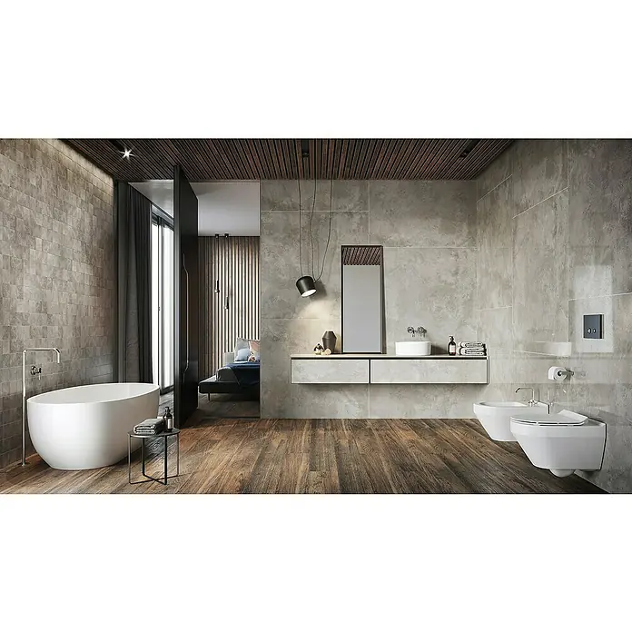 Queens Mosaikfliese 10 x 10 - 29,8 x 29,8 cm, Weiß, Matt - Modernes Badezimmer mit freistehender Badewanne, Waschtisch mit Spiegel und Holzfußboden für einen luxuriösen Look.