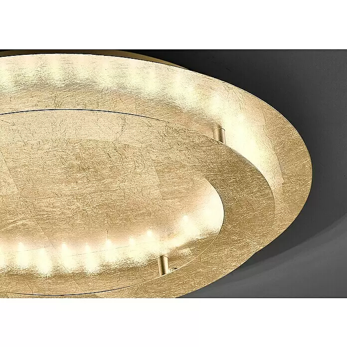 Paul Neuhaus Nevis LED-Deckenleuchte - 24 W, Gold, Warmweiß - Gold-blättrige Deckenleuchte mit strukturierter Oberfläche, die warmes Licht aus ihren kreisförmigen Ebenen abgibt.