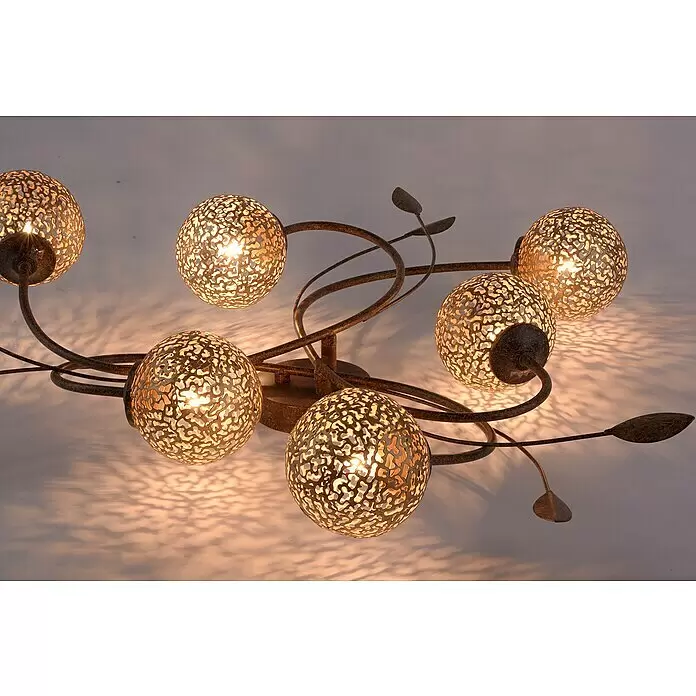 Paul Neuhaus Greta Deckenstrahler rund - 240 W, Ø x H: 650 mm x 14,5 cm, Gold, Rost, G9 - Mehrflammige Deckenleuchte mit kugelförmigen, perforierten Altbronze-Metallschirmen und gedrehten Metallarmen.