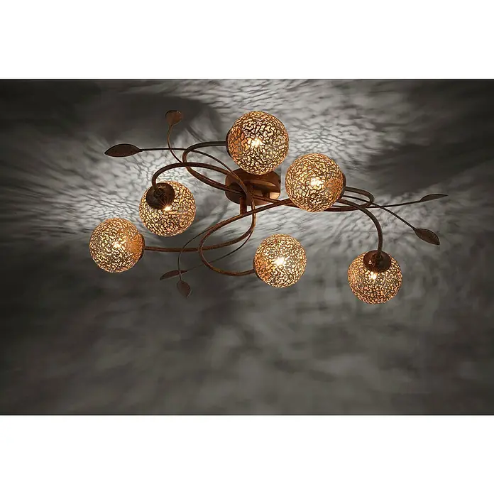 Paul Neuhaus Greta Deckenstrahler rund - 240 W, Ø x H: 650 mm x 14,5 cm, Gold, Rost, G9 - Eine dekorative Deckenleuchte mit kugelförmigen Lampenschirmen und floralen Verzierungen, die ein warmes Licht und interessante Schatteneffekte erzeugt.