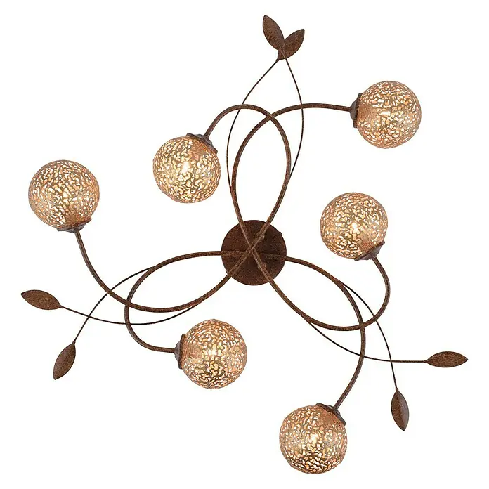 Paul Neuhaus Greta Deckenstrahler rund - 240 W, Ø x H: 650 mm x 14,5 cm, Gold, Rost, G9 - Elegante Deckenleuchte mit floralem Design und sechs kugelförmigen Lampen. Rustikale Optik für stilvolle Beleuchtung.
