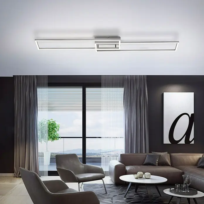 Just Light LED-Deckenleuchte Iven - 40 W, L x B x H: 110 x 25 x 7 cm, Stahl, Warmweiß - Diese Aufnahme zeigt eine moderne LED-Deckenleuchte in einem eleganten Wohnzimmer, die durch ihr minimalistisches Design besticht.