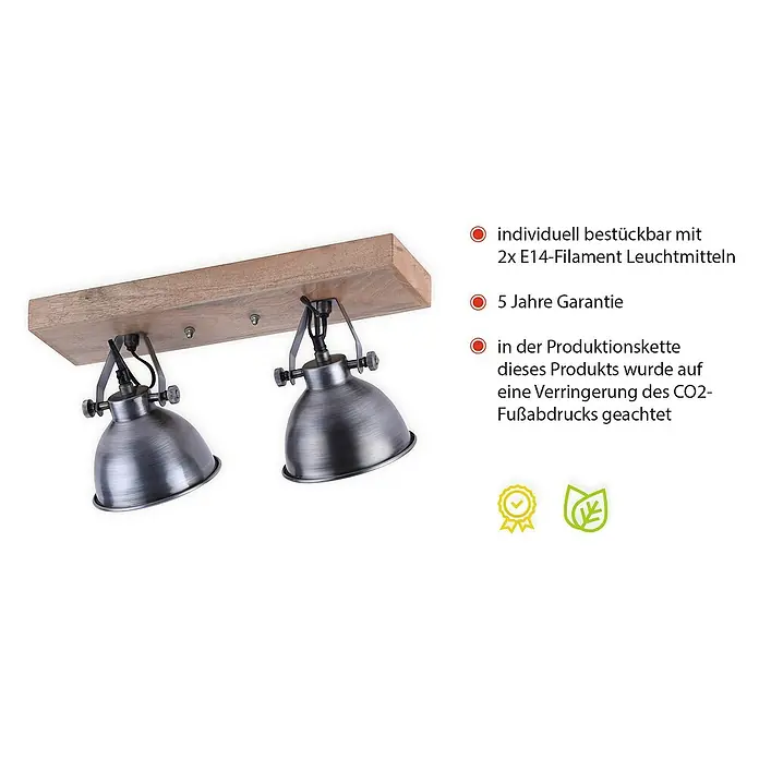 Just Light Samia Deckenstrahler - 80 W, L x B x H: 44 x 22 x 22 cm, Eisen, Braun, E14 - Eine stilvolle Deckenleuchte mit zwei verstellbaren Strahlern aus Metall und einer hölzernen Montageplatte.