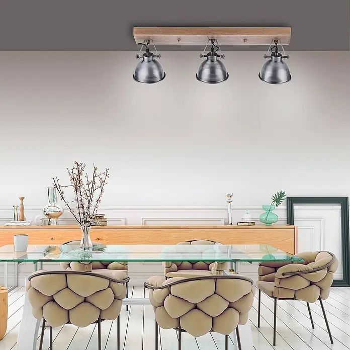 Just Light Samia Deckenstrahler - 120 W, L x B x H: 71 x 16 x 22,5 cm, Eisen, Braun, E14 - Deckenleuchte mit drei Strahlern und Holzsockel, ideal für Esszimmer. Das moderne Design passt gut zu stilvollen Möbeln.