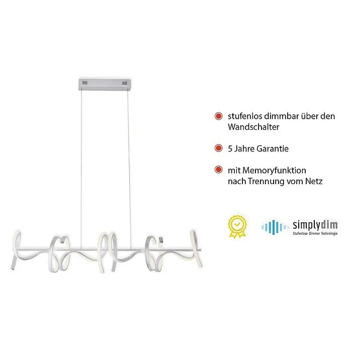 Just Light LED-Pendelleuchte - Höhe: 135 cm - Moderne LED-Hängeleuchte in Silberoptik mit geschwungenem Design und Simplydim-Technologie für stufenloses Dimmen.