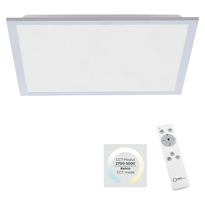 Paul Neuhaus LED-Panel Flat - 25 W, L x B x H: 22,5 x 22,5 x 7,5 cm, Eisen, Warmweiß - Das Bild zeigt eine quadratische LED-Deckenleuchte mit Fernbedienung zur Steuerung der Farbtemperatur im Bereich von 2700-5000 Kelvin.