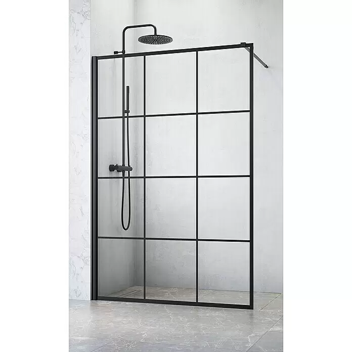 Camargue Göteborg Duschwand G14 - B x H: 140 x 200 cm, Beschichtet, Schwarz - Moderne schwarze Duschwand mit Gittermuster und schwarzem Duschsystem.