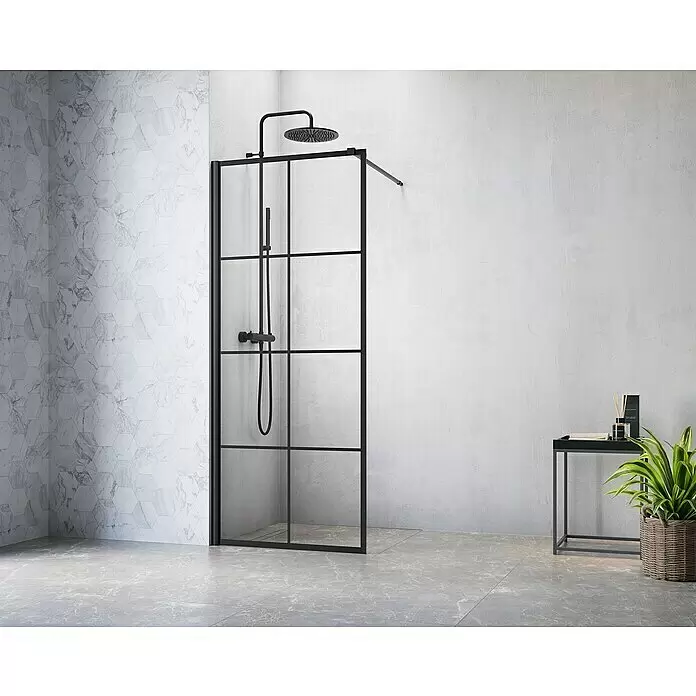 Camargue Göteborg Duschwand G6 - B x H: 80 x 200 cm, Beschichtet, Schwarz - Schwarze Glasduschwand mit integriertem Duschsystem in einem modernen, gefliesten Badezimmer.