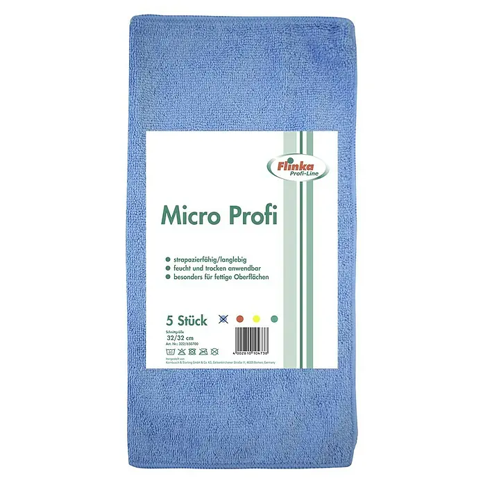 Flinka Profi-Line Mikrofasertuch - 5 Stk., 32 x 32 cm, Blau - Blaues Mikrofasertuch "Micro Profi" im 5er-Pack, ideal für streifenfreie, fettige Oberflächen. Langlebig, vielseitig einsetzbar, Größe 32x32cm.