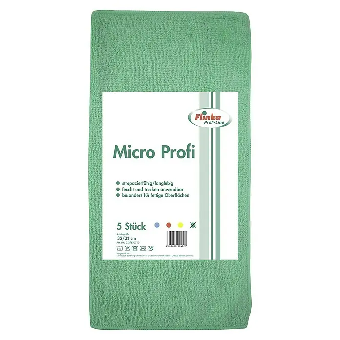 Flinka Profi-Line Mikrofasertuch - 5 Stk., 32 x 32 cm, Grün - Ein hellgrünes Micro Profi Reinigungstuch im 5er-Pack, strapazierfähig, saugfähig und ideal für fettige Oberflächen. Größe: 32/32 cm.