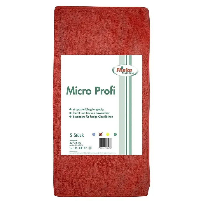 Flinka Profi-Line Mikrofasertuch - 5 Stk., 32 x 32 cm, Rot - Bild eines roten Mikrofasertuchs, verpackt mit Produktinformationen, ideal für streifenfreie, fettige Oberflächen.