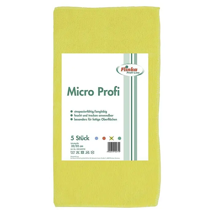 Flinka Profi-Line Mikrofasertuch - 1 Stk., 32 x 32 cm, Gelb - Gelbes Mikrofasertuch „Micro Profi“ im 5er-Pack, strapazierfähig, vielseitig einsetzbar und ideal für fettige Oberflächen.