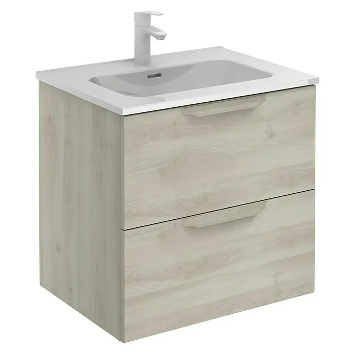 Riva Urban Einbauwaschbecken - 60,8 x 46 cm, Weiß - Bild eines Waschtischunterschranks mit zwei Schubladen und einem weißen Waschbecken mit Armatur.