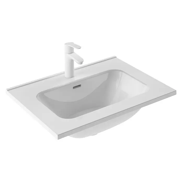 Riva Urban Einbauwaschbecken - 60,8 x 46 cm, Weiß - Aufsicht auf ein modernes, weißes Waschbecken mit einem minimalistischen Wasserhahn auf einem schwarzen Hintergrund.