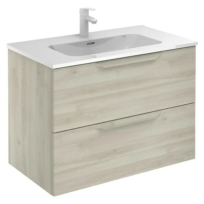 Riva Urban Waschtischunterschrank - 80 x 45 x 56,5 cm - Moderne Waschtischkombination mit zwei Schubladen und einem weißen Aufsatzwaschbecken mit Armatur für ein stilvolles Badezimmer.