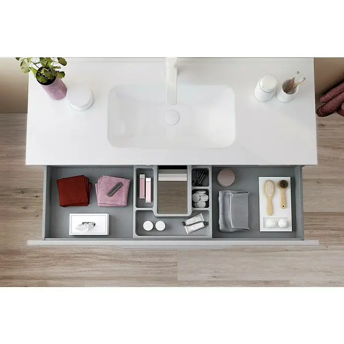Riva Urban Waschtischunterschrank - 80 x 45 x 56,5 cm - Badezimmerwaschtisch mit offenem Schubfach, das diverse Badutensilien wie Handtücher, Bürsten und Kosmetikartikel enthält.
