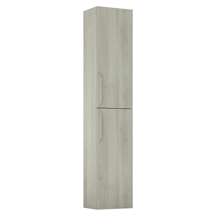 Riva Urban Hochschrank - 30 x 24 x 150 cm - Ein grauer, schmaler Badezimmerschrank mit zwei Türen und hellen Holzmaserung, ideal für die Aufbewahrung von Badartikeln.