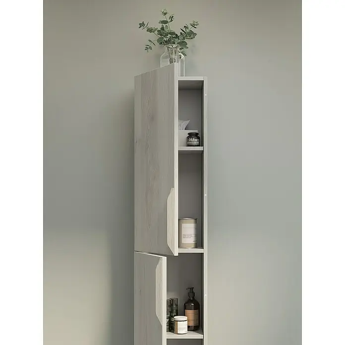 Riva Urban Hochschrank - 30 x 24 x 150 cm - Modernes Badezimmer-Hochregal in Weiß mit offenem Stauraum für Badutensilien und dekorative Elemente. Ideal für kleine Räume.