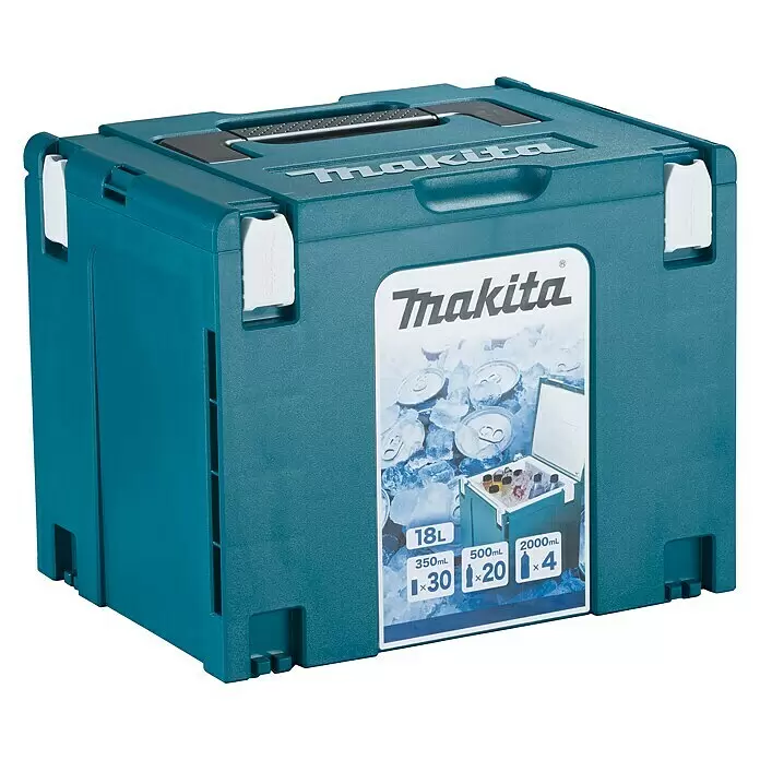 Makita Nevera de camping MAKPAC Gr. 4 - 18 l - Nevera Makita turquesa con cierres blancos y asa negra. Una etiqueta en el frente muestra su capacidad de 18L y almacenamiento para bebidas.