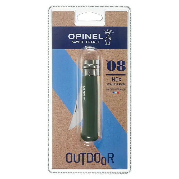 Opinel Taschenmesser No.8 - Klingenlänge: 85 mm, Grün - Abgebildet ist ein Opinel No. 08 Outdoor-Messer mit rostfreier Klinge und olivgrünem Griff in einer transparenten Kunststoffverpackung.