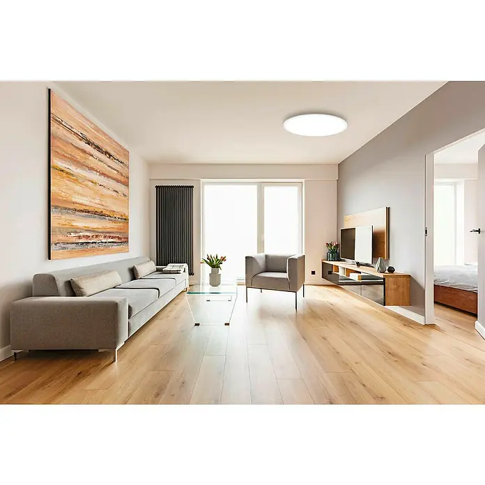 Tween Light LED-Panel rund 4000 K - 40 W, Ø x H: 80 x 5 cm, Weiß, Neutralweiß - Wohnzimmer mit minimalistischem Design, hervorzuheben ist die runde Deckenleuchte, die für eine helle und moderne Atmosphäre sorgt.