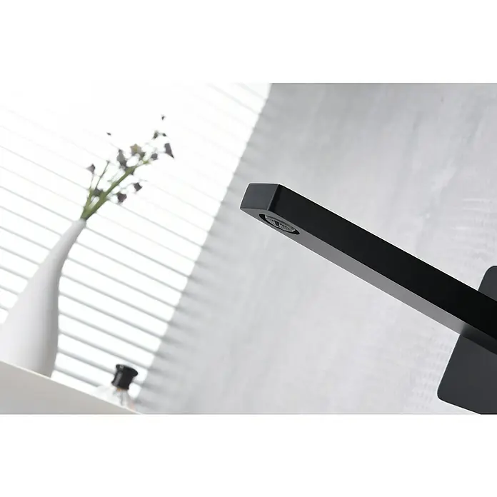 Imex Suecia Grifo de lavabo - Negro - Primer plano de un grifo negro moderno con un diseño minimalista, complementado por un jarrón elegante y decoración sutil.