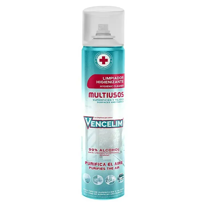 Limpiador multiusos Vencelím - 750 ml - Vencelim Multiusos Limpiador Higienizante, un spray para limpiar y desinfectar diversas superficies y tejidos con un 99% de alcohol.