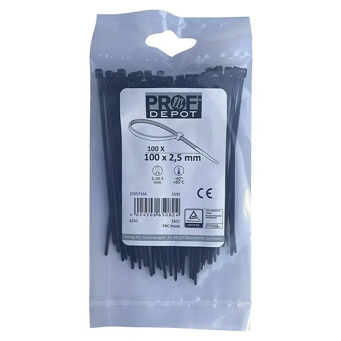Profi Depot Kabelbinder - Schwarz, 100 x 2,5 mm, 100 Stk. - Eine Packung schwarze Profi Depot Kabelbinder, 100 Stück, Größe 100 x 2,5 mm, verpackt in einer durchsichtigen Plastiktüte.