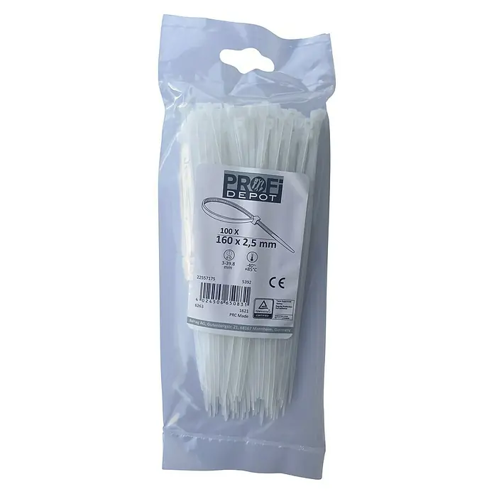 Profi Depot Kabelbinder - Transparent, 160 x 2,5 mm, 100 Stk. - Eine Packung mit 100 weißen Profi Depot Kabelbindern, 160 x 2,5 mm, verpackt in einer transparenten Plastiktüte.