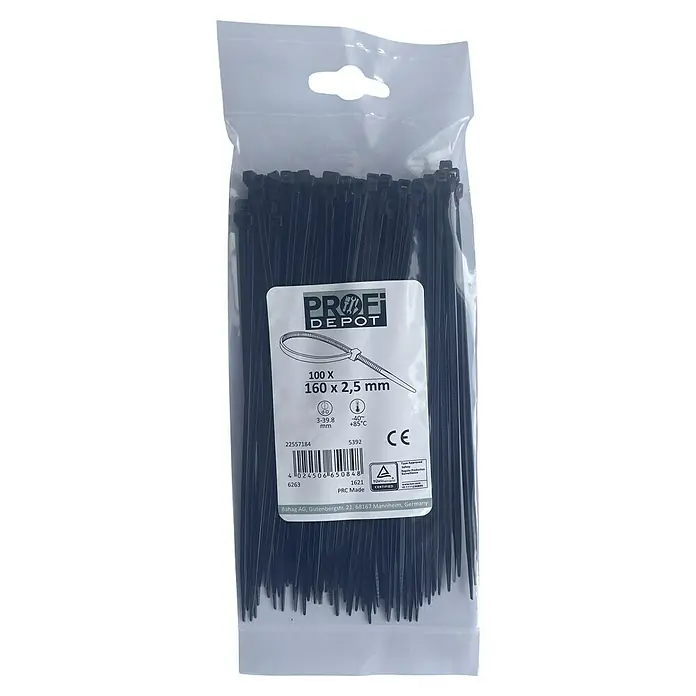 Profi Depot Kabelbinder - Schwarz, 160 x 2,5 mm, 100 Stk. - Schwarze Kabelbinder von PROFI DEPOT, 100 Stück, 160 x 2,5 mm, verpackt in einer transparenten Plastiktüte.