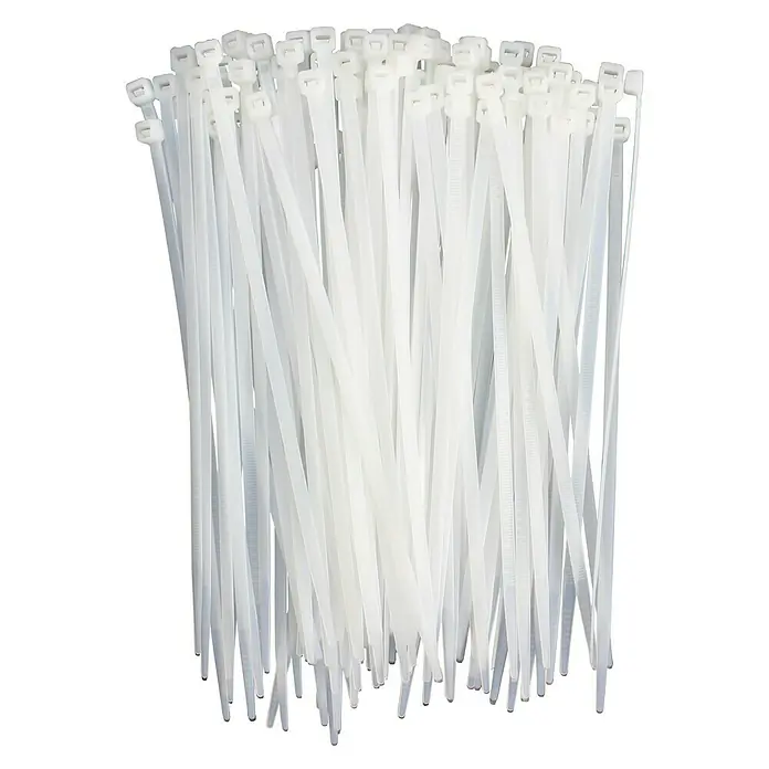 Profi Depot Kabelbinder - Transparent, 200 x 4,8 mm, 100 Stk. - Nahaufnahme eines Bündels weißer Kabelbinder, die für verschiedene Befestigungsanwendungen verwendet werden können.
