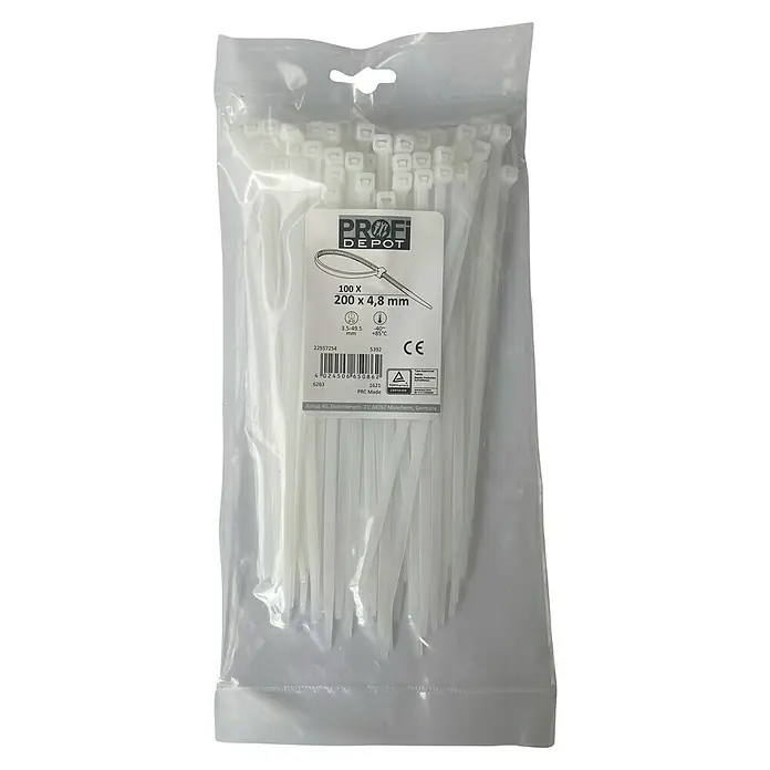 Profi Depot Kabelbinder - Transparent, 200 x 4,8 mm, 100 Stk. - Eine Packung mit 100 weißen Profi Depot Kabelbindern der Größe 200 x 4,8 mm, ideal zum Bündeln und Sichern von Kabeln.