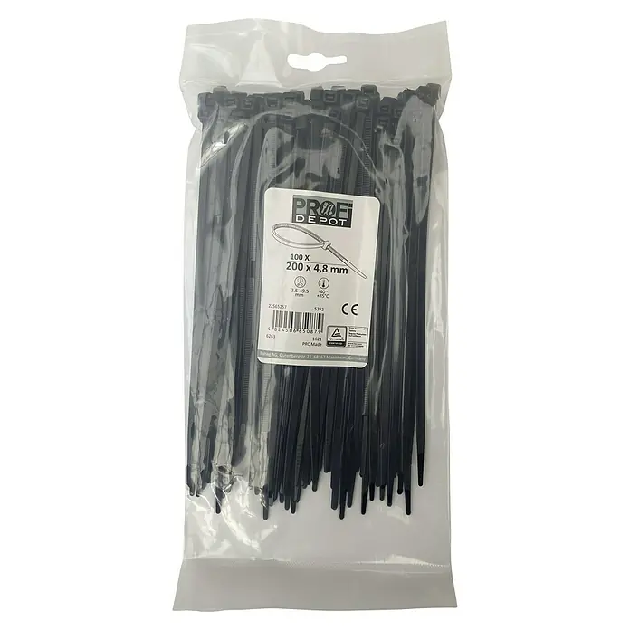 Profi Depot Kabelbinder - Schwarz, 200 x 4,8 mm, 100 Stk. - Eine Packung schwarze Profi Depot Kabelbinder (100 Stück, 200 x 4,8 mm) in einer durchsichtigen Plastikverpackung mit Aufhänger.